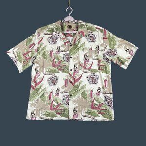 Pusser's West Indies Shirt Mens Large Hawaiian Silk Cotton Hula Cards Print